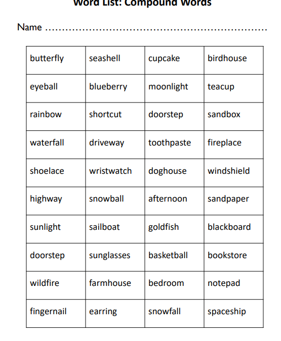 Compound Words Spelling List English Language Arts Printable