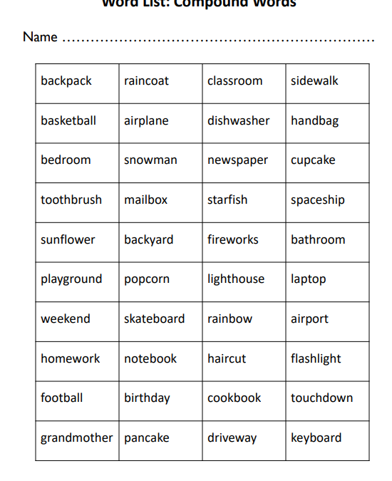 Compound Words Word List English Language Arts Worksheet