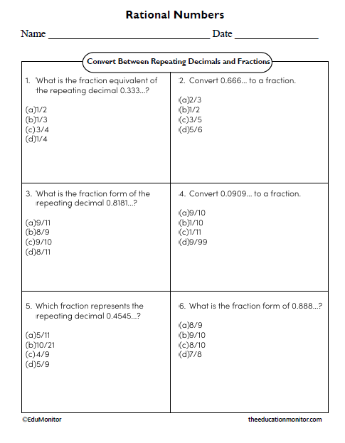 Convert Between Repeating Decimals and Fractions Worksheet