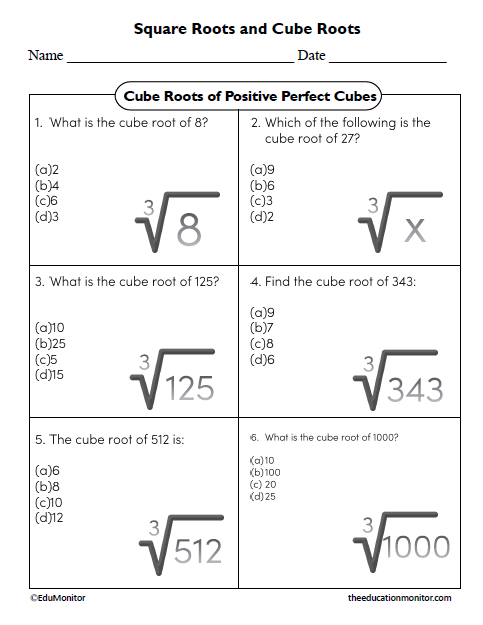 Cube Roots of Positive Perfect Cubes Eighth Grade Math Worksheet ...