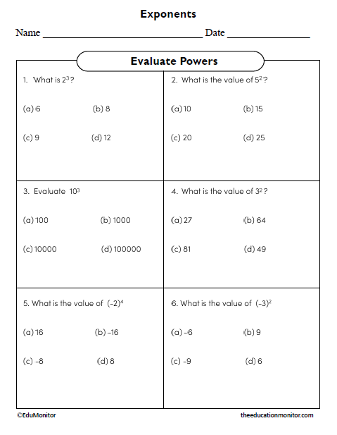 Evaluate Powers Eighth Grade Math Worksheet