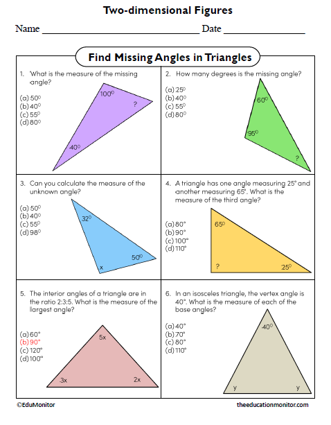 Find Missing Angles in Triangles Eighth Grade Math Worksheet