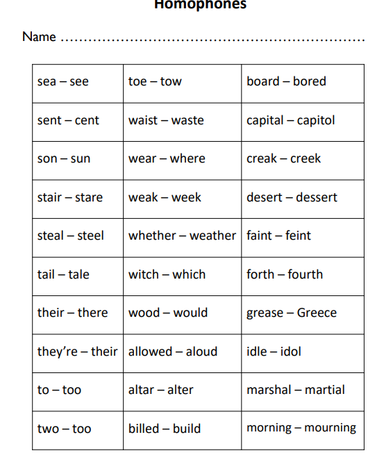 Homophones Spelling Bee Printable for Elementary Students