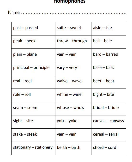 Homophones Word List Worksheet for Kids