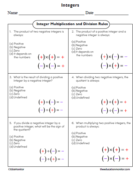 Integer Multiplication and Division Rules Eighth Grade Math Worksheet