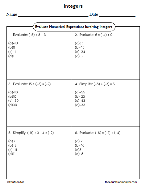 Numerical Expressions Involving Integers Eighth Grade Math
