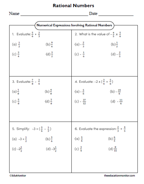 Numerical Expressions Eighth Grade Math Worksheet - EduMonitor ...