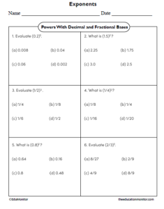 Powers With Decimal and Fractional Bases Worksheet - EduMonitor ...