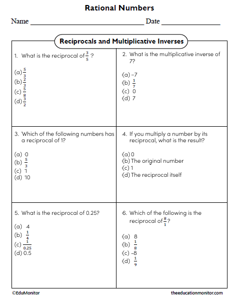 Reciprocals and Multiplicative Inverses Eighth Grade Math