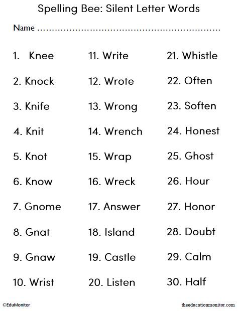 Spelling Bee Silent Letter Words English Language Arts Worksheet