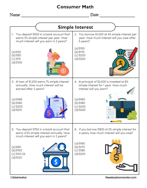 Simple Interest Eighth Grade Math Worksheet - EduMonitor | Science ...