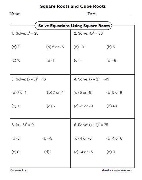 Solve Equations Using Square Roots Eighth Grade Math Worksheet
