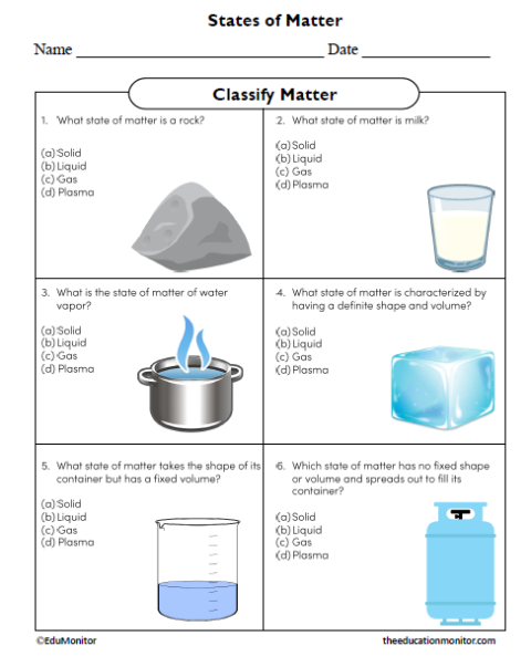 States of Matter Worksheet - EduMonitor | Science, Math, Language Arts