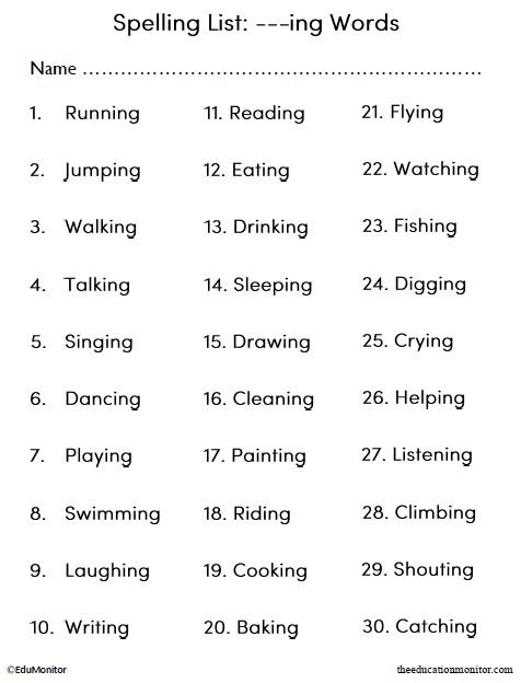 Suffix Spelling Word List Printable for Kids