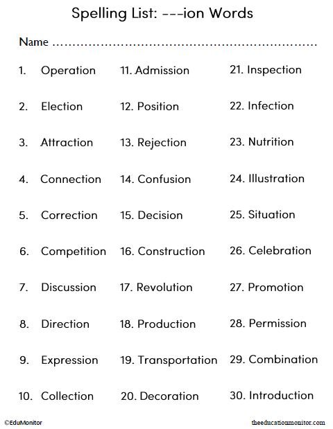 Spelling Bee Suffixes Word List Worksheet for Kids