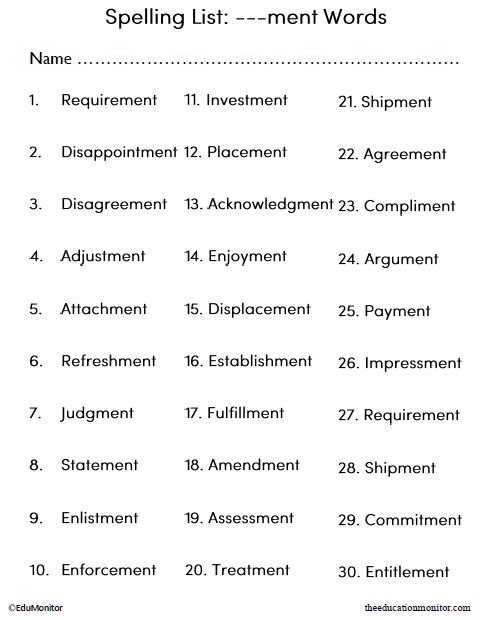 Suffixes Spelling Words List Printable