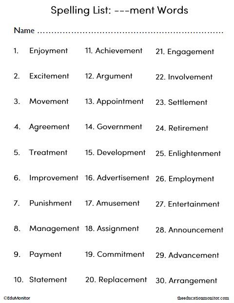 Spelling Bee Word List Worksheet for Kids