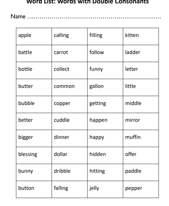 Words with Double Consonants Word List Worksheet