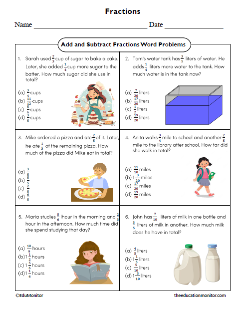 Fractions Word Problems Seventh Grade Math Worksheet