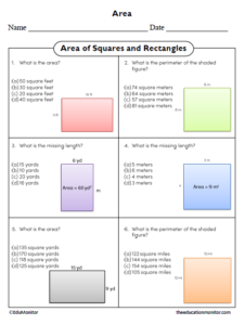 Area of Squares and Rectangles Fifth Grade Math Worksheet - EduMonitor ...