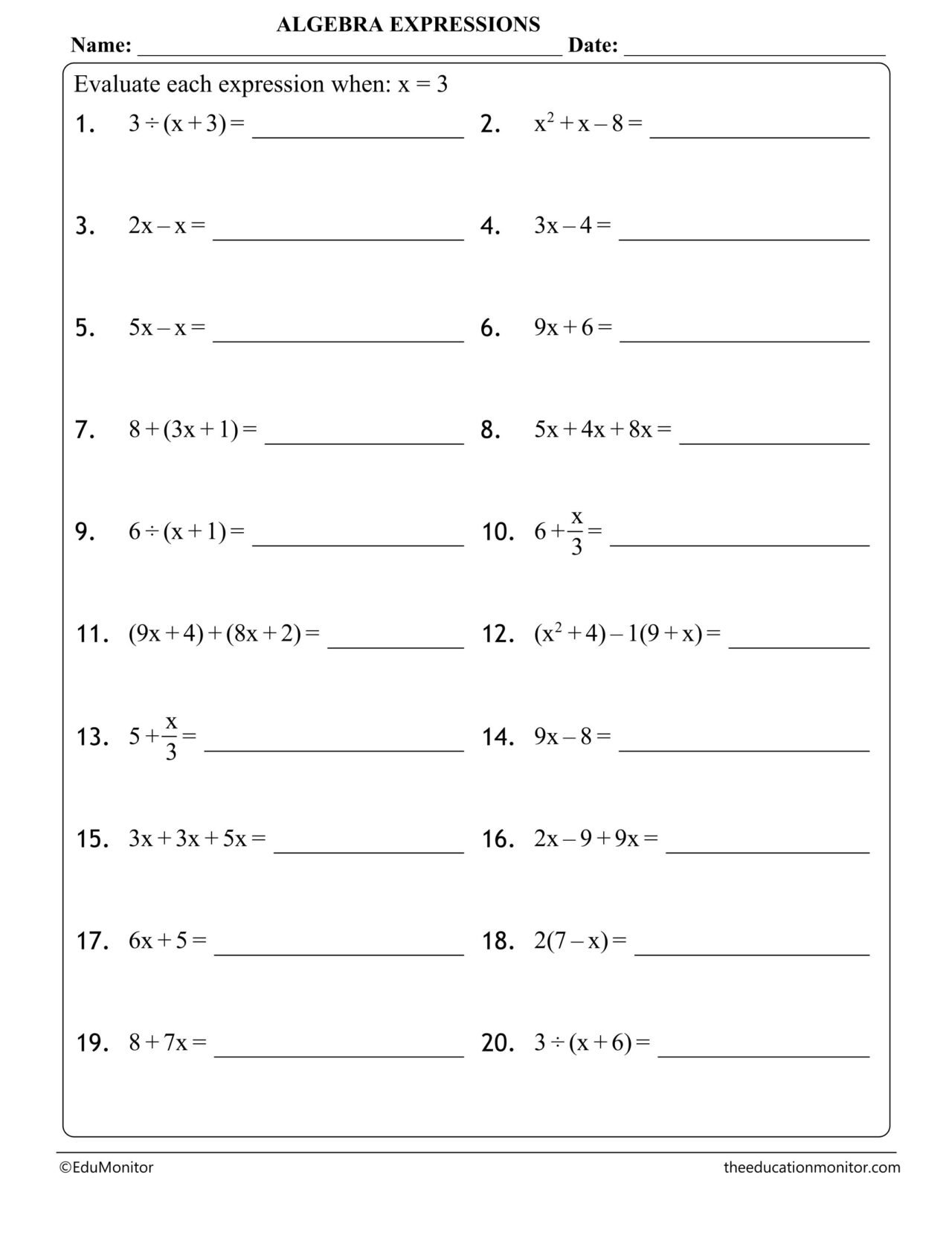 Evaluate Algebra Expressions pdf Worksheet - EduMonitor | Science, Math ...