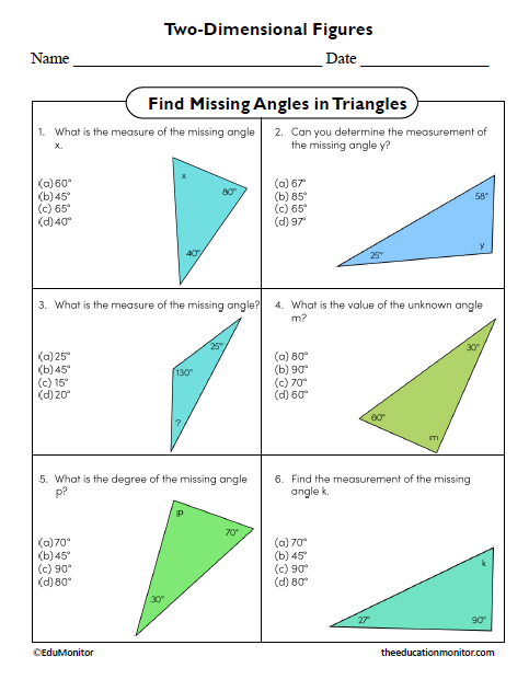 Find Missing Angles in Triangles Seventh Grade Math Worksheet Find Missing Angles in Triangles Seventh Grade Math Worksheet