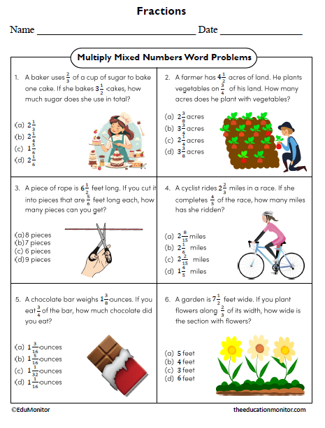Multiply Mixed Numbers Word Problems Seventh Grade Math Worksheet