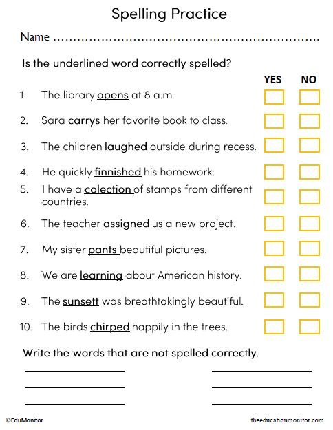 Printable Correcting the Spelling Mistakes Worksheet