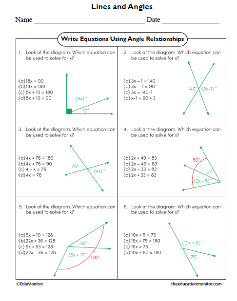 Write Equations Using Angle Relationships Seventh Grade Math Worksheet