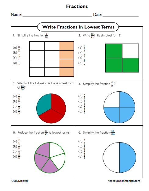 Write Fractions in Lowest Terms Seventh Grade Math Worksheet