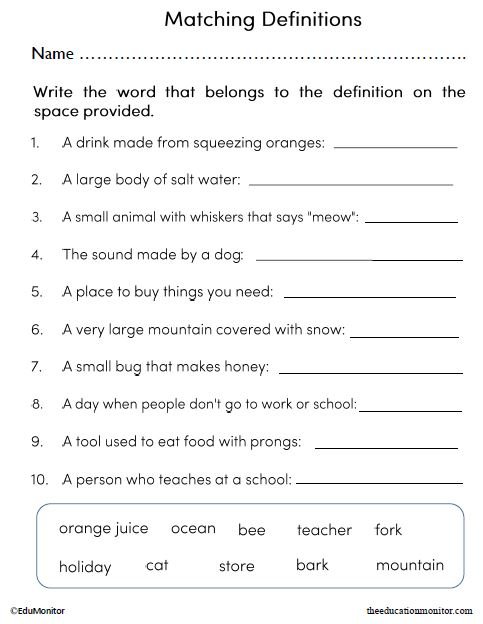 Matching Definitions Spelling Language Arts Worksheet
