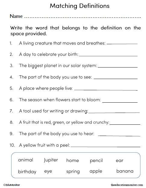 Matching Definitions Language Arts Worksheet