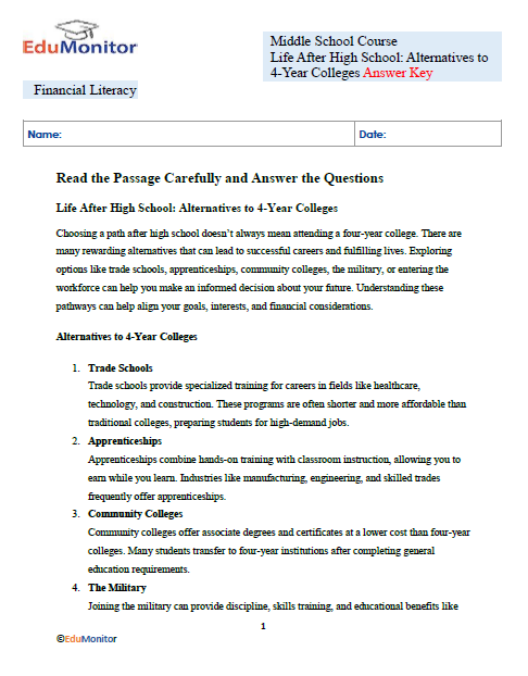 Alternatives to 4-Year Colleges Answer Key-Edumonitor Answer Key for Alternatives to 4-Year Colleges Worksheet
