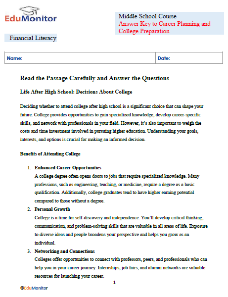 Answer Key to Career Planning and College Preparation-Edumonitor Answer Key to Career Planning and College Preparation