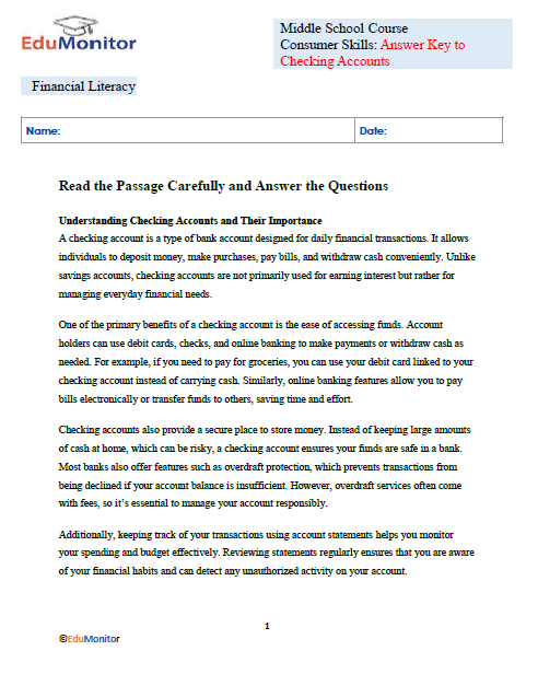 Answer Key to Checking Accounts Worksheet
