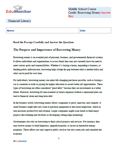 Borrowing Money Answer Key-Edumonitor Answer Key for Borrowing Money Financial Literacy Worksheet