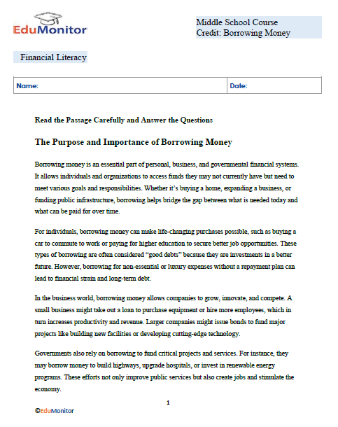 Borrowing Money-Edumonitor Borrowing Money Financial Literacy Worksheet