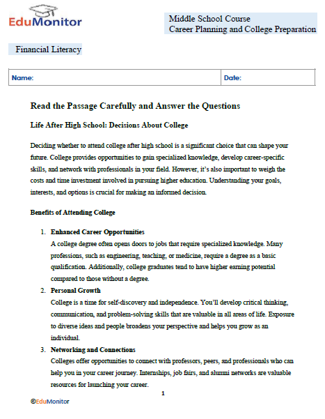 Career Planning and College Preparation-Edumonitor Career Planning and College Preparation Financial Literacy Worksheet
