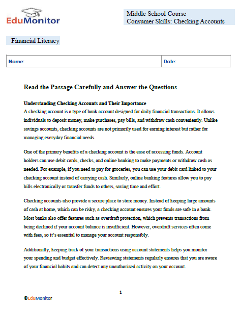 Consumer Skills Checking Accounts-Edumonitor Checking Accounts Financial Literacy Worksheet