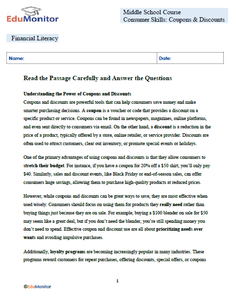 Consumer Skills Coupons & Discounts-Edumonitor Coupons & Discounts Financial Literacy Booklet