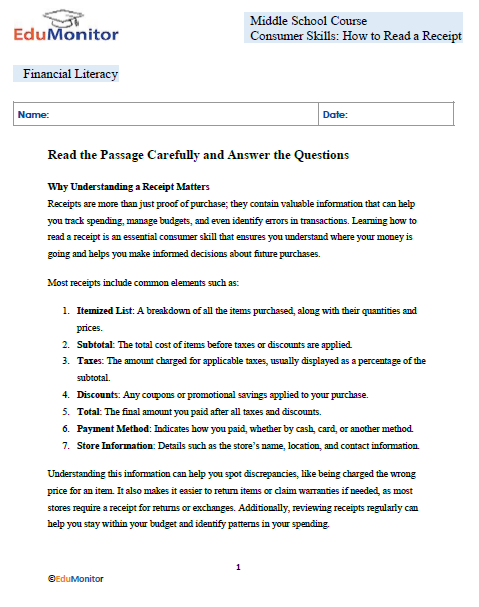 How to Read a Receipt Financial Literacy Booklet