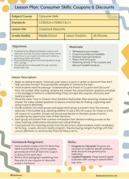 Coupons & Discounts Financial Literacy Lesson Plan