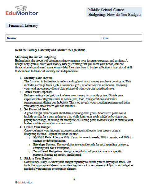 How do You Budget Financial Literacy Booklet