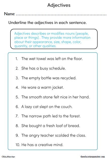 Identifying Adjectives in Sentences Worksheet_EduMonitor-4 Adjectives Printable Worksheet for 3rd Grade