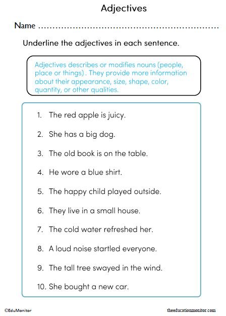 Identifying Adjectives in Sentences Worksheet for Grade 3