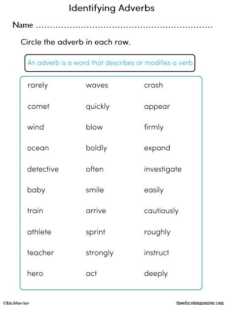 Identifying Adverbs Printable Worksheet