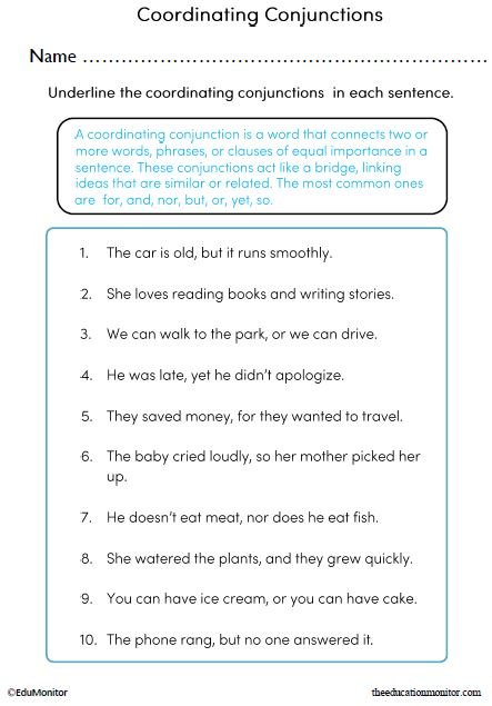 Identifying Coordinating Conjunctions Worksheet PDF