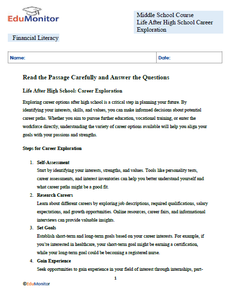 Life After High School Career Exploration-Edumonitor Life After High School Career Exploration Financial Literacy Booklet