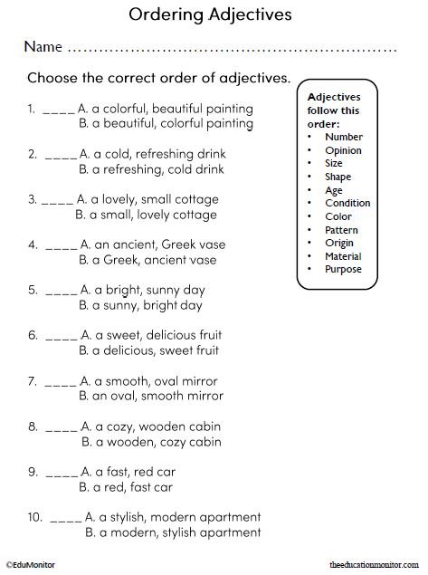 Adjectives Printable Worksheet for 5th Grade