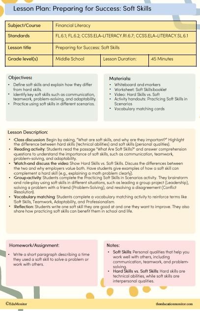 Soft Skills Financial Literacy Lesson Plan for Middle School